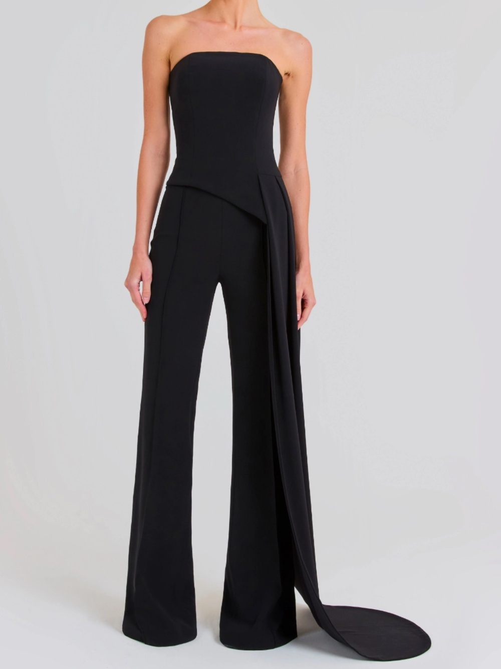 NADINE MERABI Black Strapless Bandeau Top with Draped Train and Pants